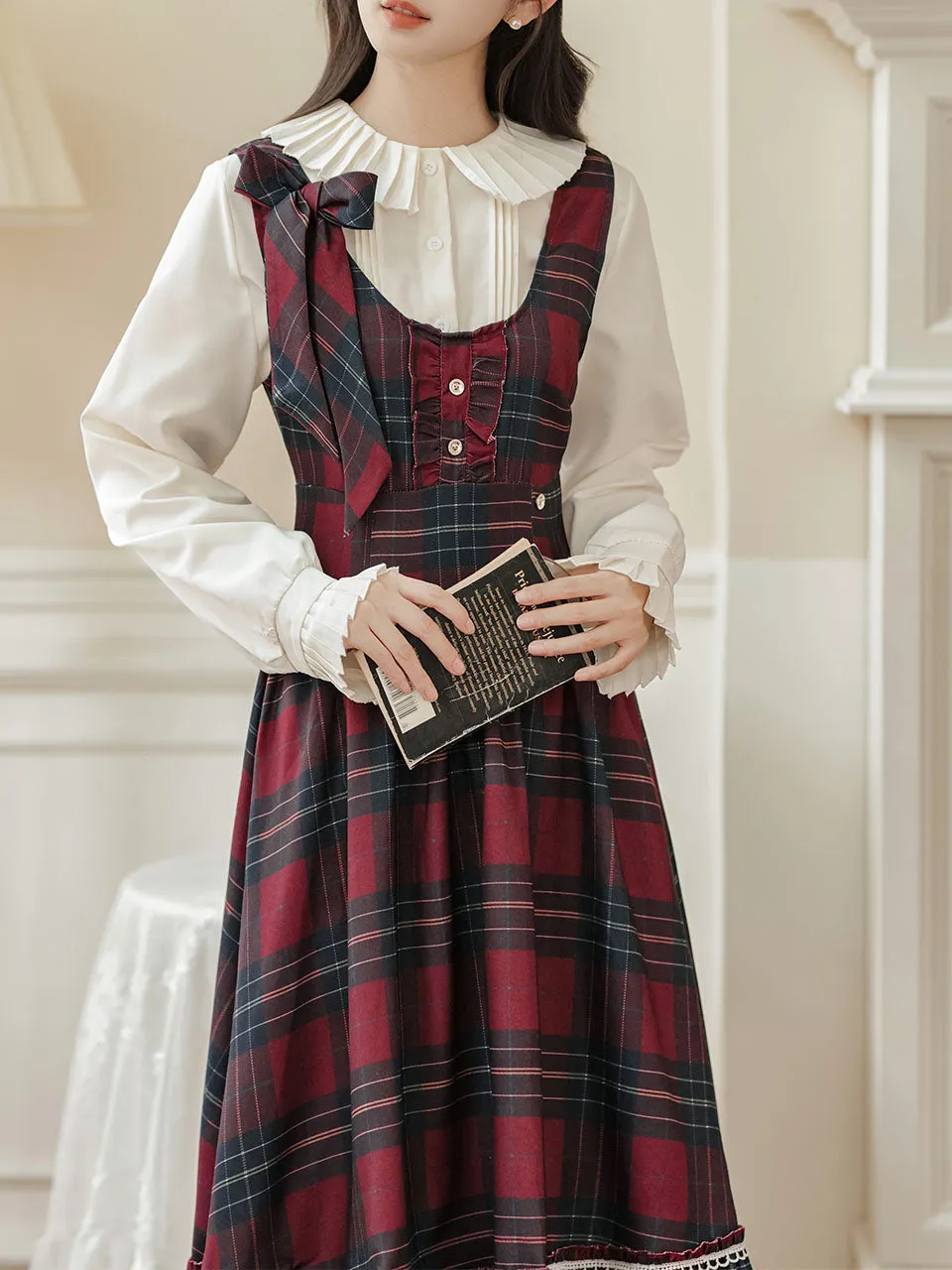 2PS Red Plaid Christmas Vintage Dress with White Shirt