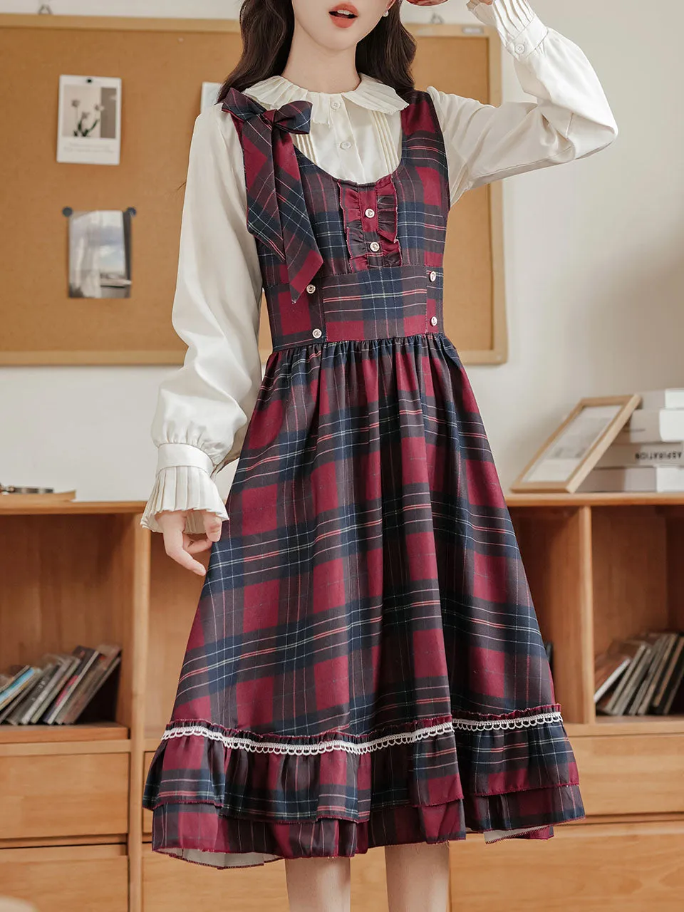 2PS Red Plaid Christmas Vintage Dress with White Shirt