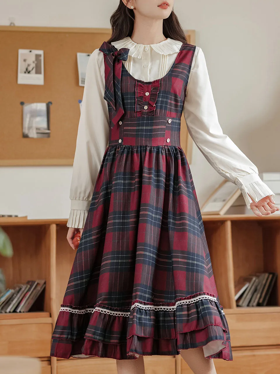 2PS Red Plaid Christmas Vintage Dress with White Shirt
