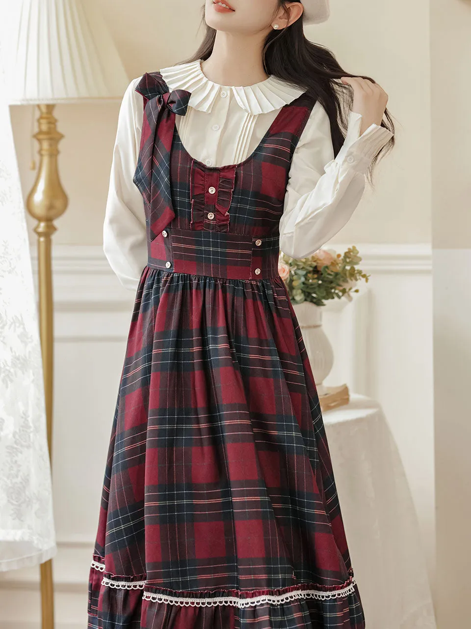 2PS Red Plaid Christmas Vintage Dress with White Shirt