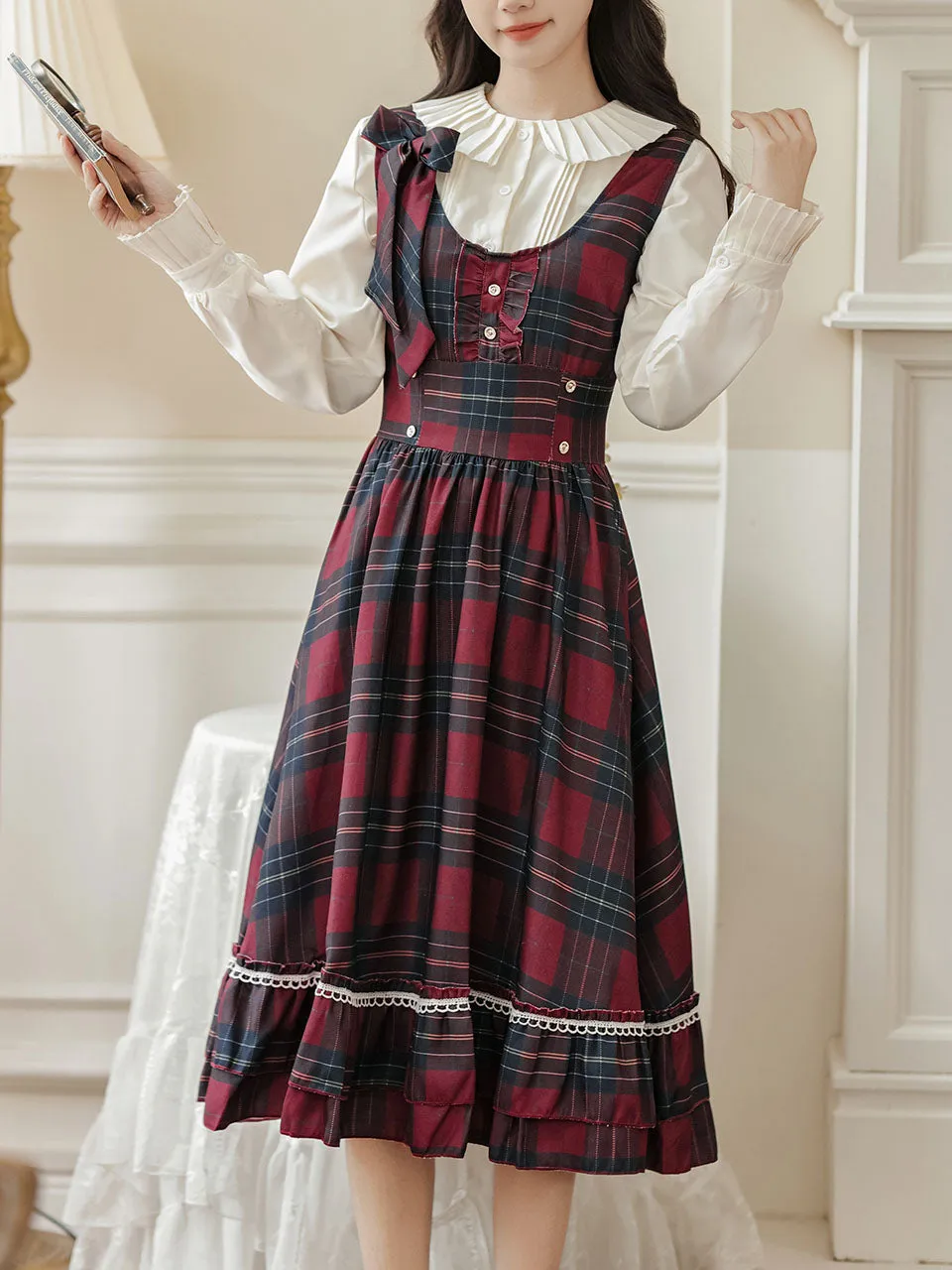 2PS Red Plaid Christmas Vintage Dress with White Shirt
