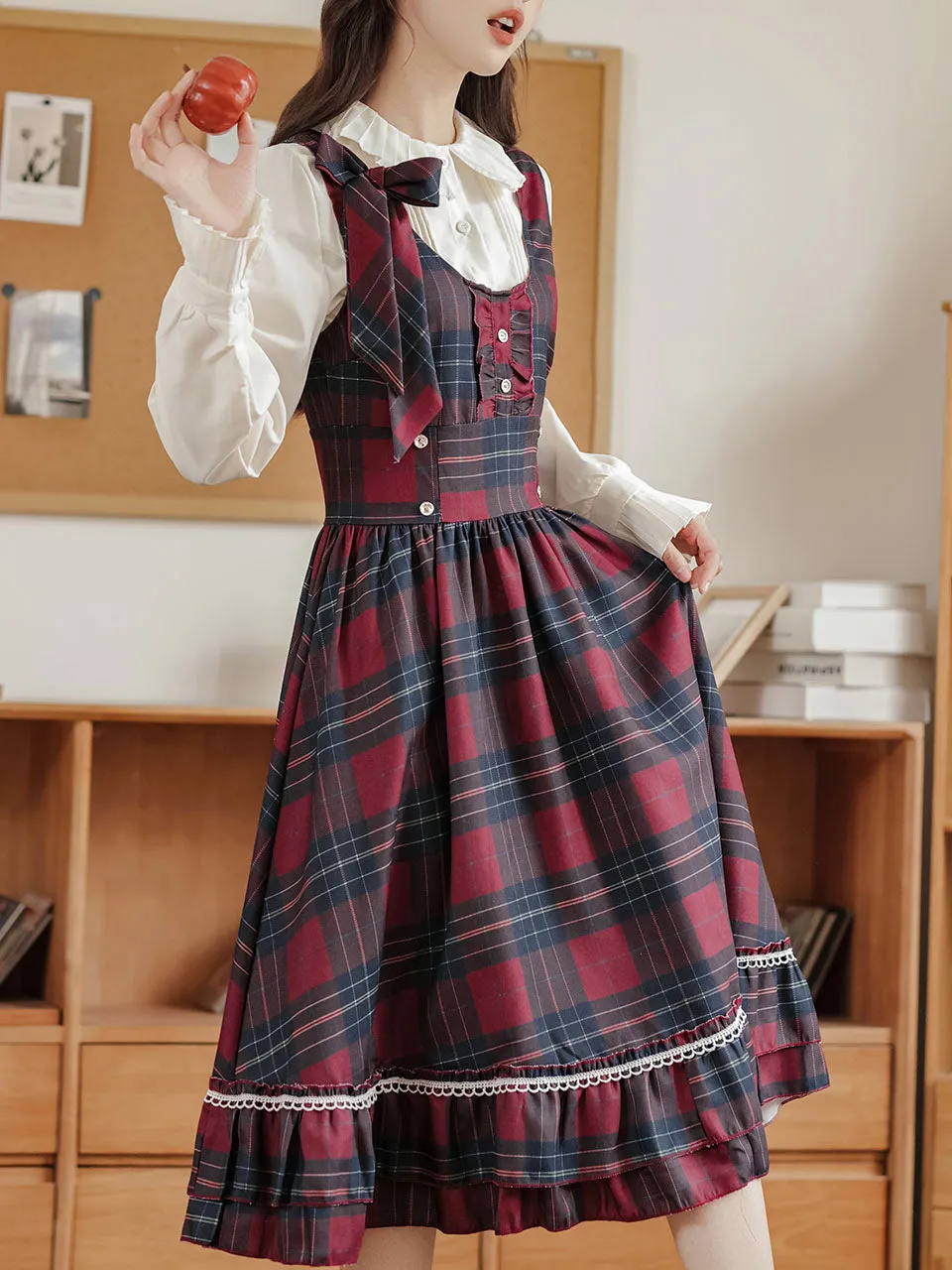 2PS Red Plaid Christmas Vintage Dress with White Shirt