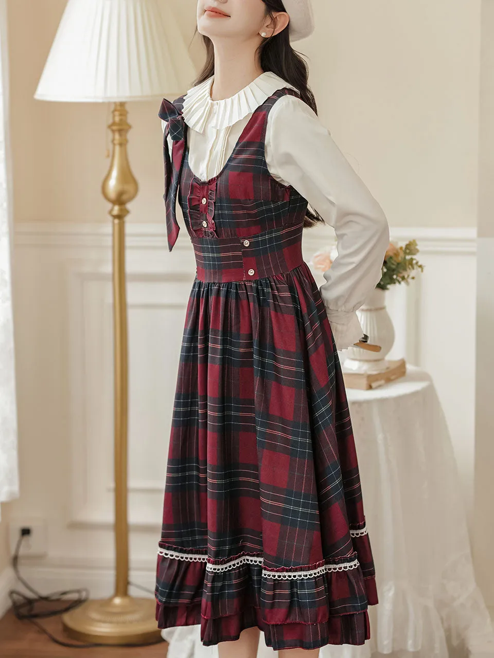 2PS Red Plaid Christmas Vintage Dress with White Shirt