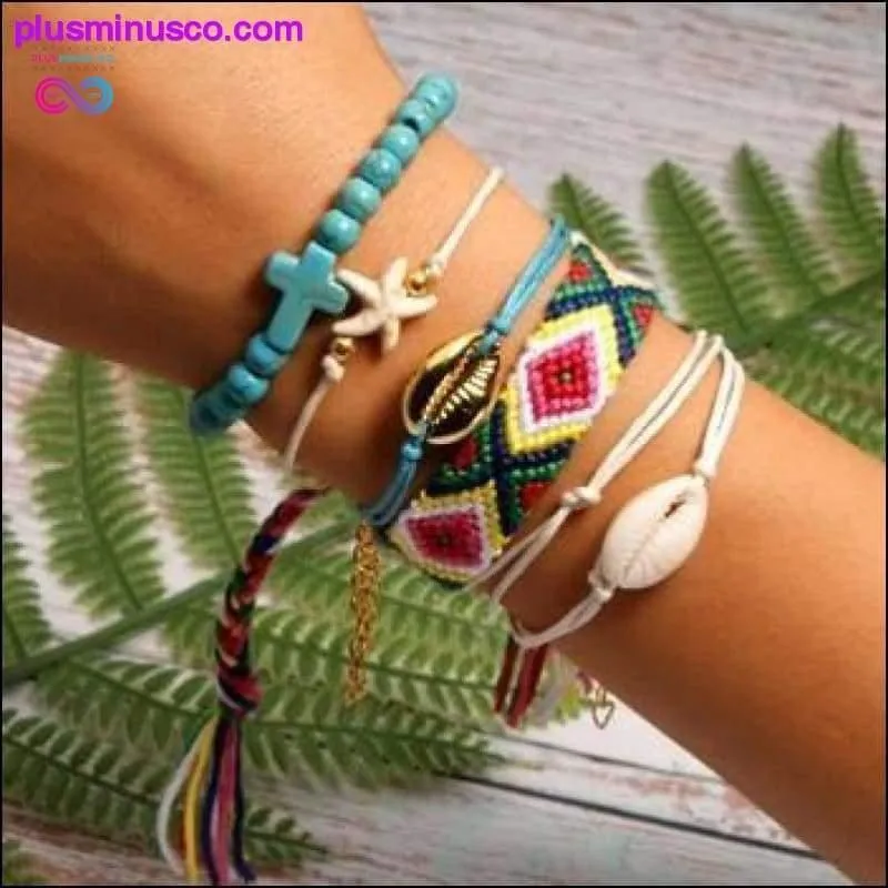 6 Pieces Puka Shell Charm Bracelet Set Cross Beads ||