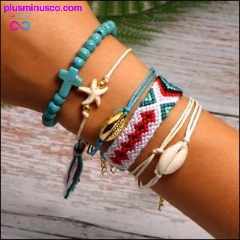 6 Pieces Puka Shell Charm Bracelet Set Cross Beads ||