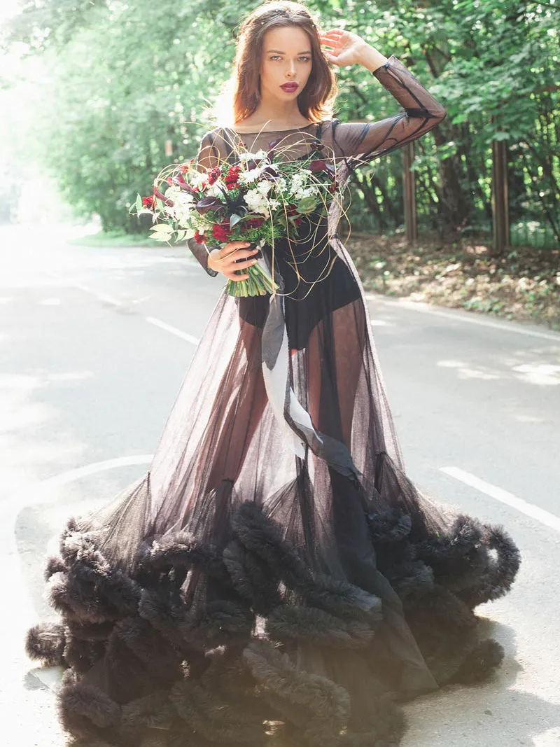 8005 Sexy Maxi Wedding Dress Ruffled Long Sleeve See Through Maternity Dresses for Photo Shoots YEWEN