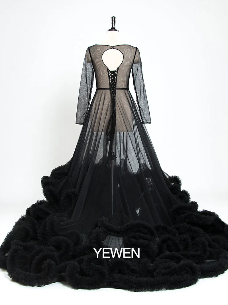 8005 Sexy Maxi Wedding Dress Ruffled Long Sleeve See Through Maternity Dresses for Photo Shoots YEWEN