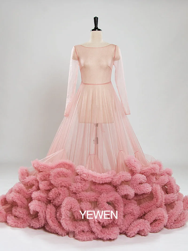8005 Sexy Maxi Wedding Dress Ruffled Long Sleeve See Through Maternity Dresses for Photo Shoots YEWEN