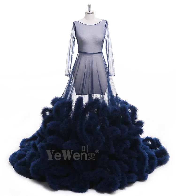 8005 Sexy Maxi Wedding Dress Ruffled Long Sleeve See Through Maternity Dresses for Photo Shoots YEWEN