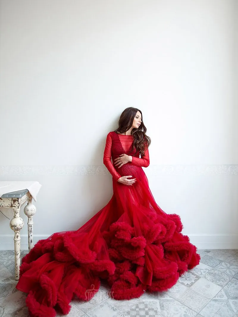 8005 Sexy Maxi Wedding Dress Ruffled Long Sleeve See Through Maternity Dresses for Photo Shoots YEWEN