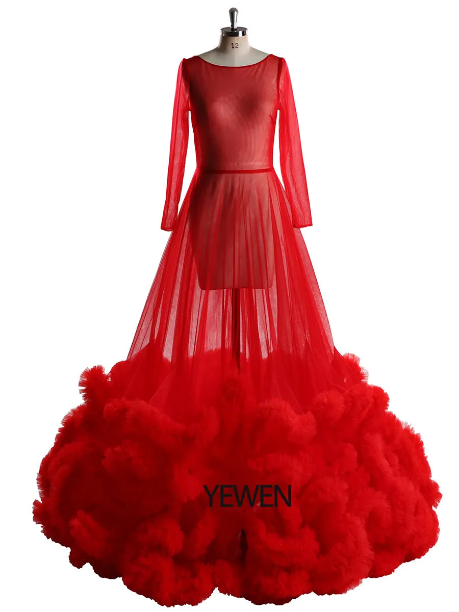 8005 Sexy Maxi Wedding Dress Ruffled Long Sleeve See Through Maternity Dresses for Photo Shoots YEWEN