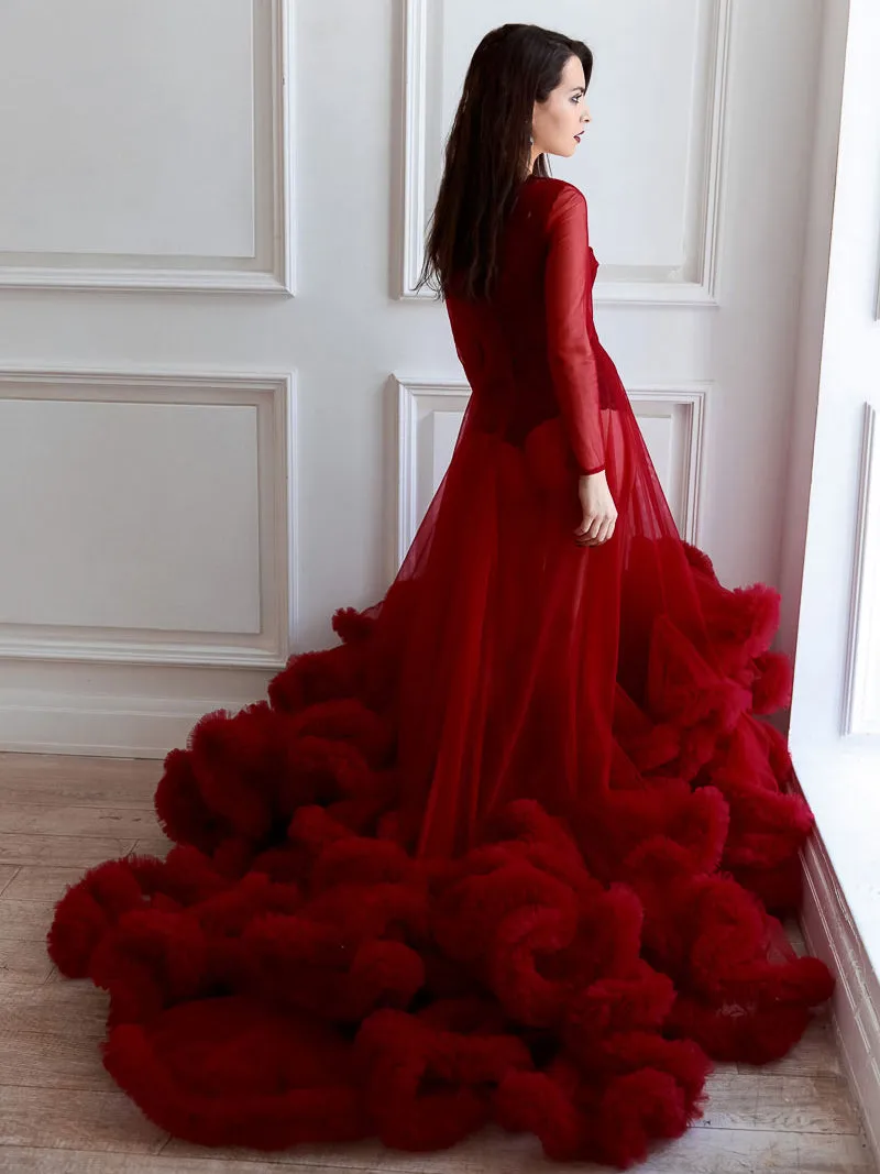 8005 Sexy Maxi Wedding Dress Ruffled Long Sleeve See Through Maternity Dresses for Photo Shoots YEWEN
