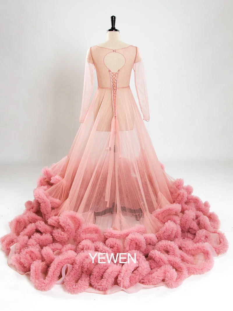 8005 Sexy Maxi Wedding Dress Ruffled Long Sleeve See Through Maternity Dresses for Photo Shoots YEWEN