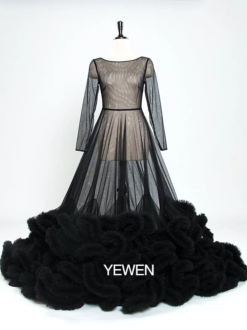 8005 Sexy Maxi Wedding Dress Ruffled Long Sleeve See Through Maternity Dresses for Photo Shoots YEWEN