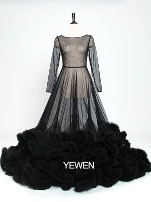 8005 Sexy Maxi Wedding Dress Ruffled Long Sleeve See Through Maternity Dresses for Photo Shoots YEWEN