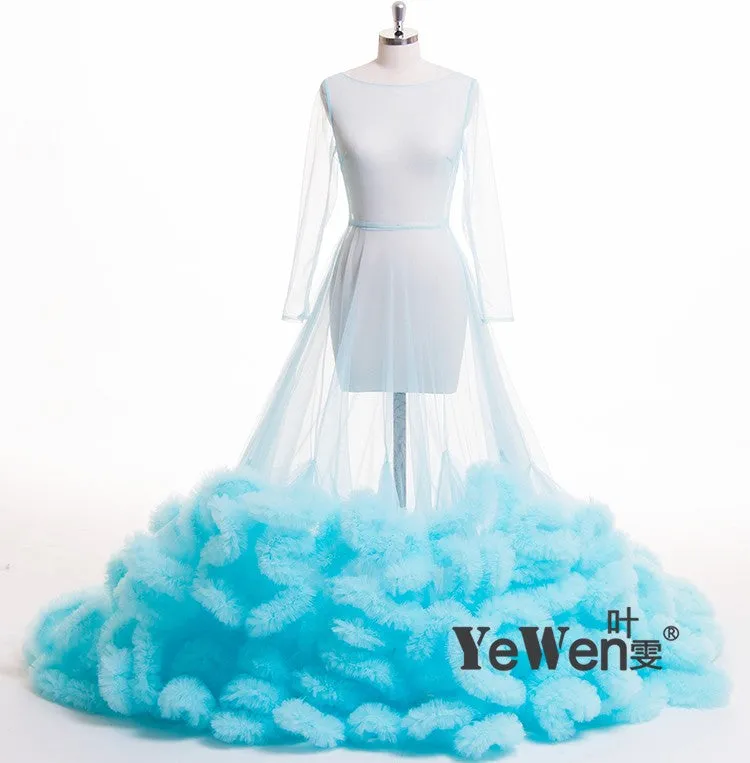 8005 Sexy Maxi Wedding Dress Ruffled Long Sleeve See Through Maternity Dresses for Photo Shoots YEWEN