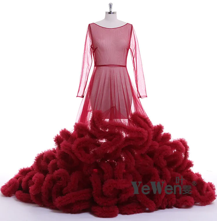 8005 Sexy Maxi Wedding Dress Ruffled Long Sleeve See Through Maternity Dresses for Photo Shoots YEWEN