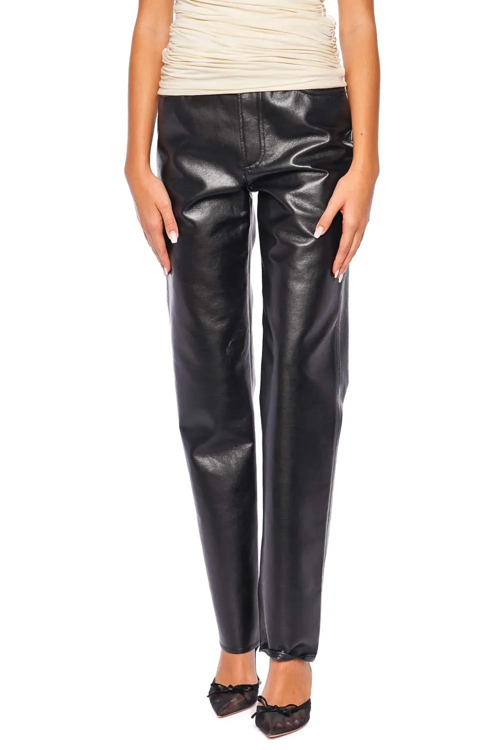 90's Pinch Waist Long Recycled Leather Jeans