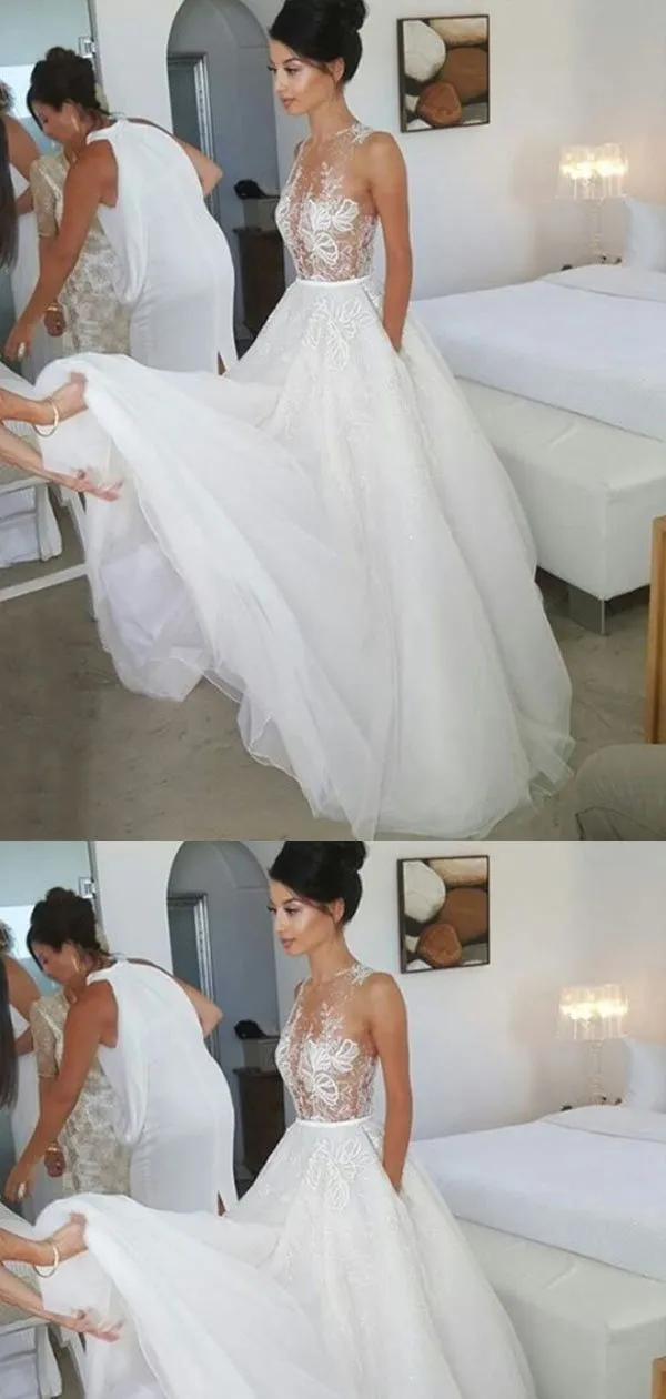 A-line Lace Sleeveless White Tulle Wedding Dresses ,Cheap Wedding Dresses, WDY0288