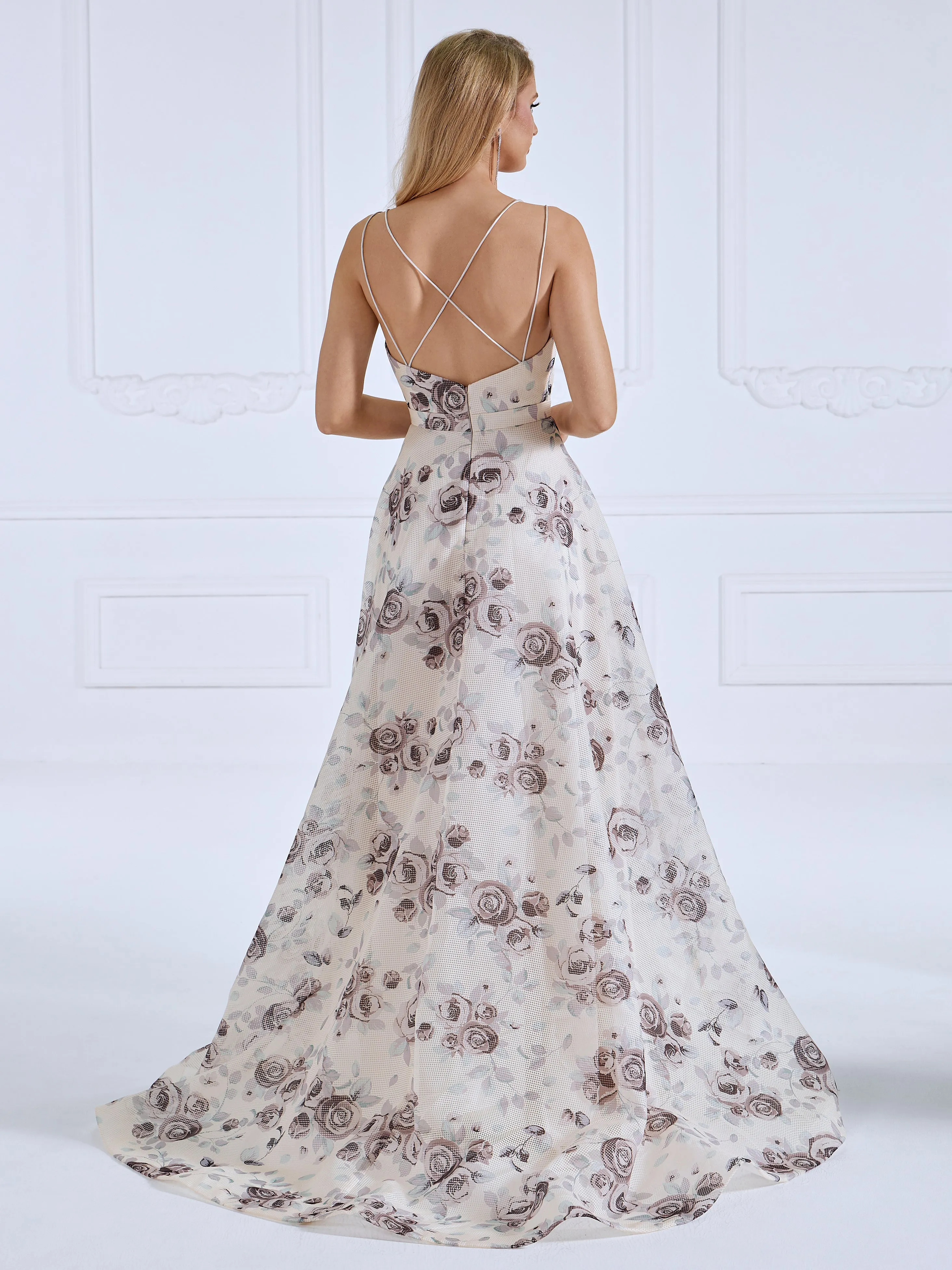 A-line Sweep Train Printed Ball Gown Evening Dresses #18992
