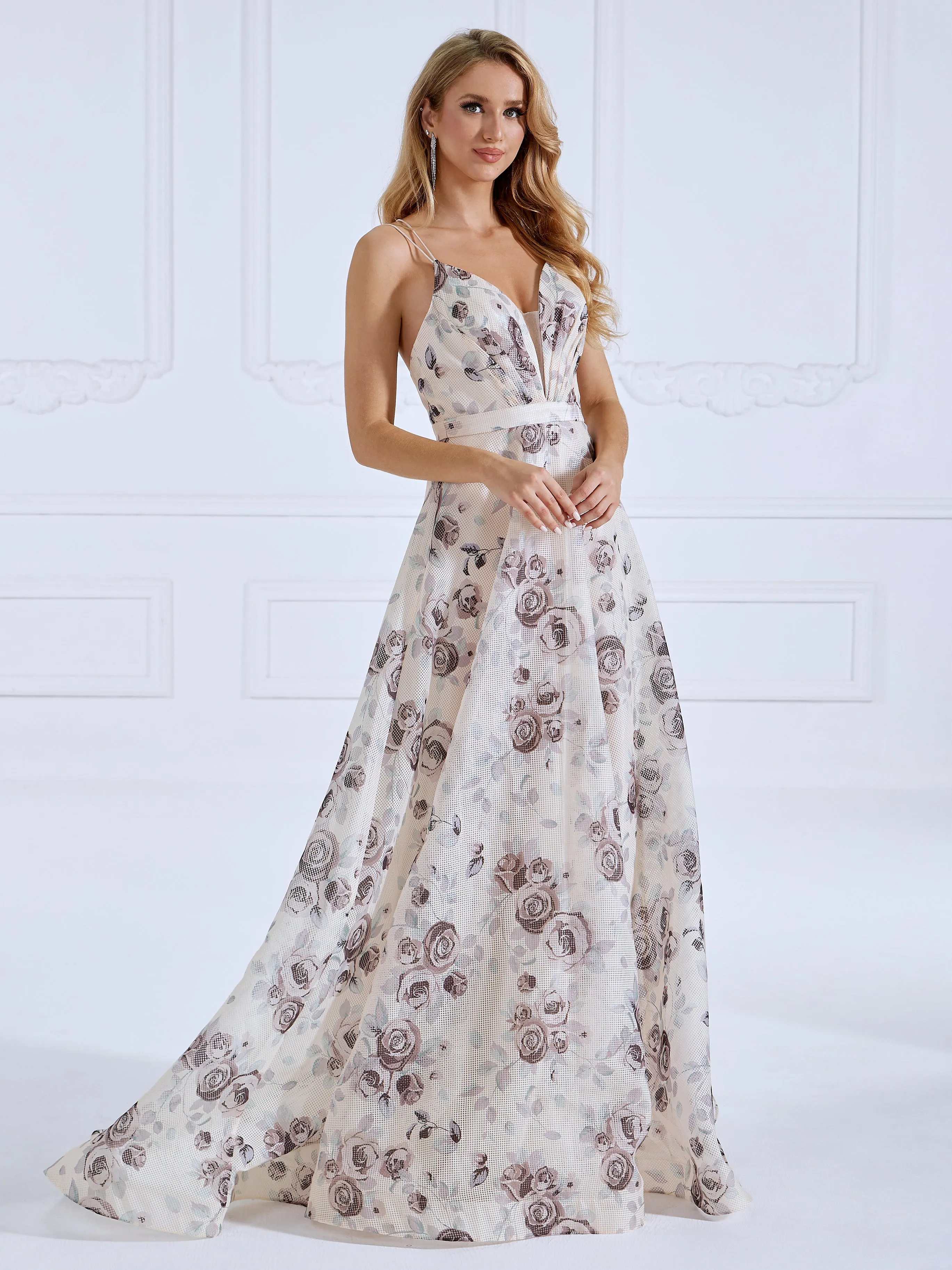 A-line Sweep Train Printed Ball Gown Evening Dresses #18992