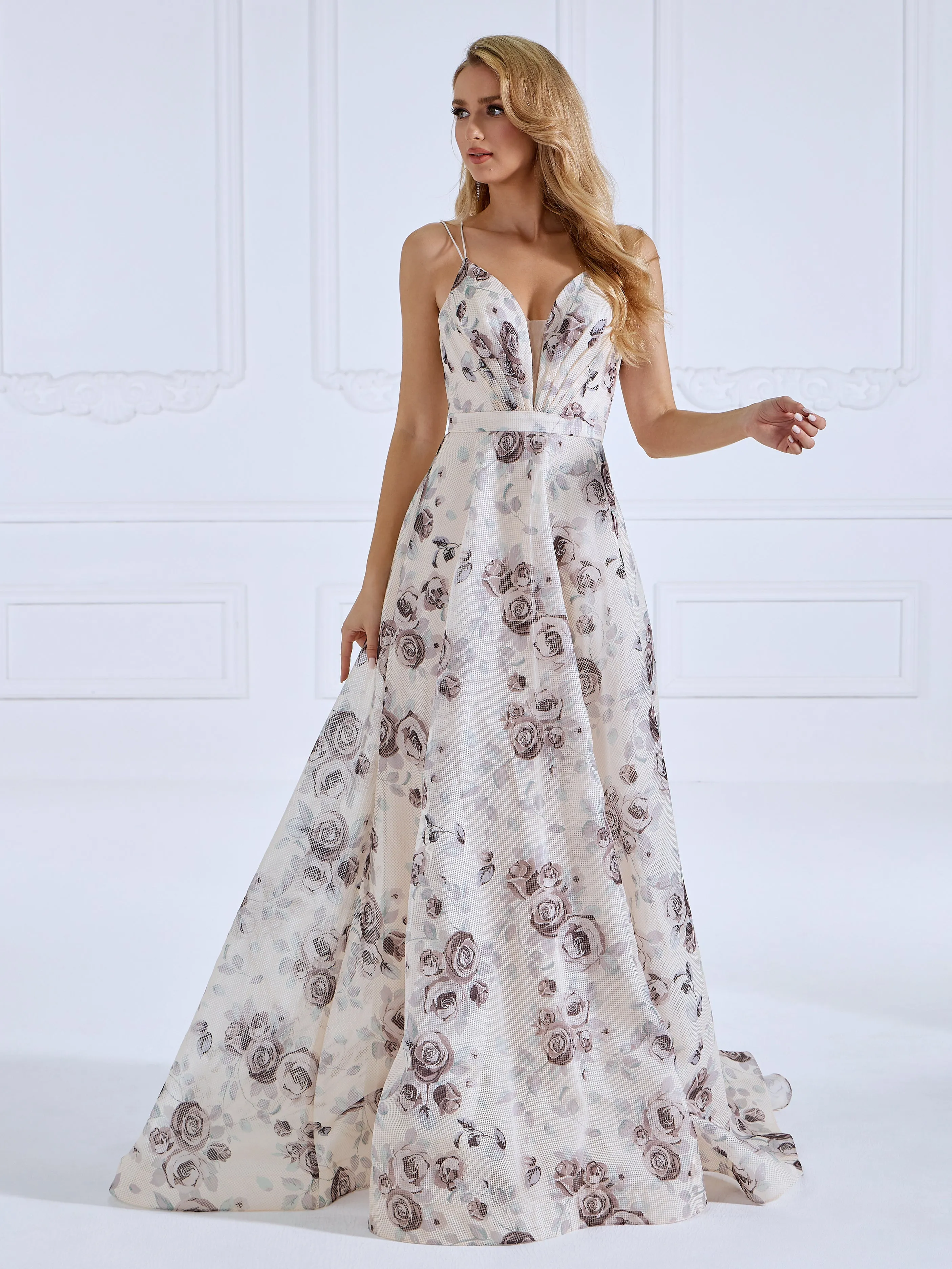 A-line Sweep Train Printed Ball Gown Evening Dresses #18992