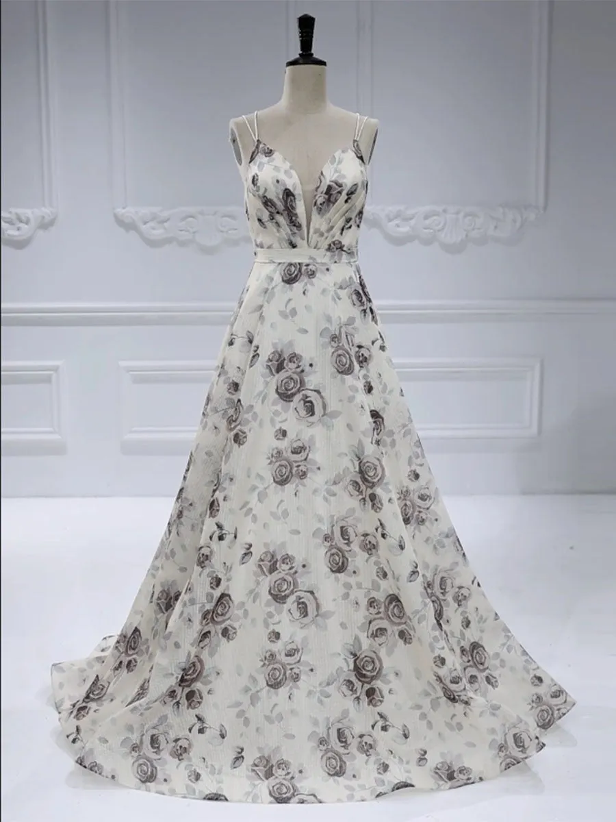 A-line Sweep Train Printed Ball Gown Evening Dresses #18992