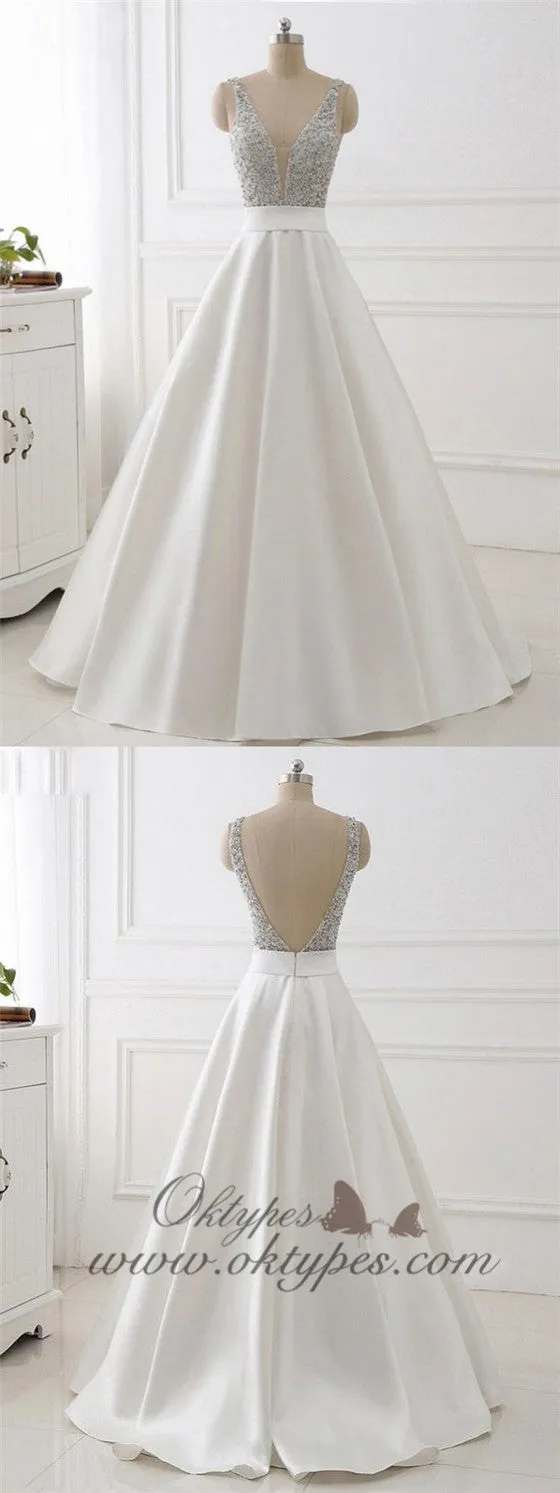 A-line V-neck Beaded Top Ivory Satin Long 2019 Newest Prom Dresses, TYP1197
