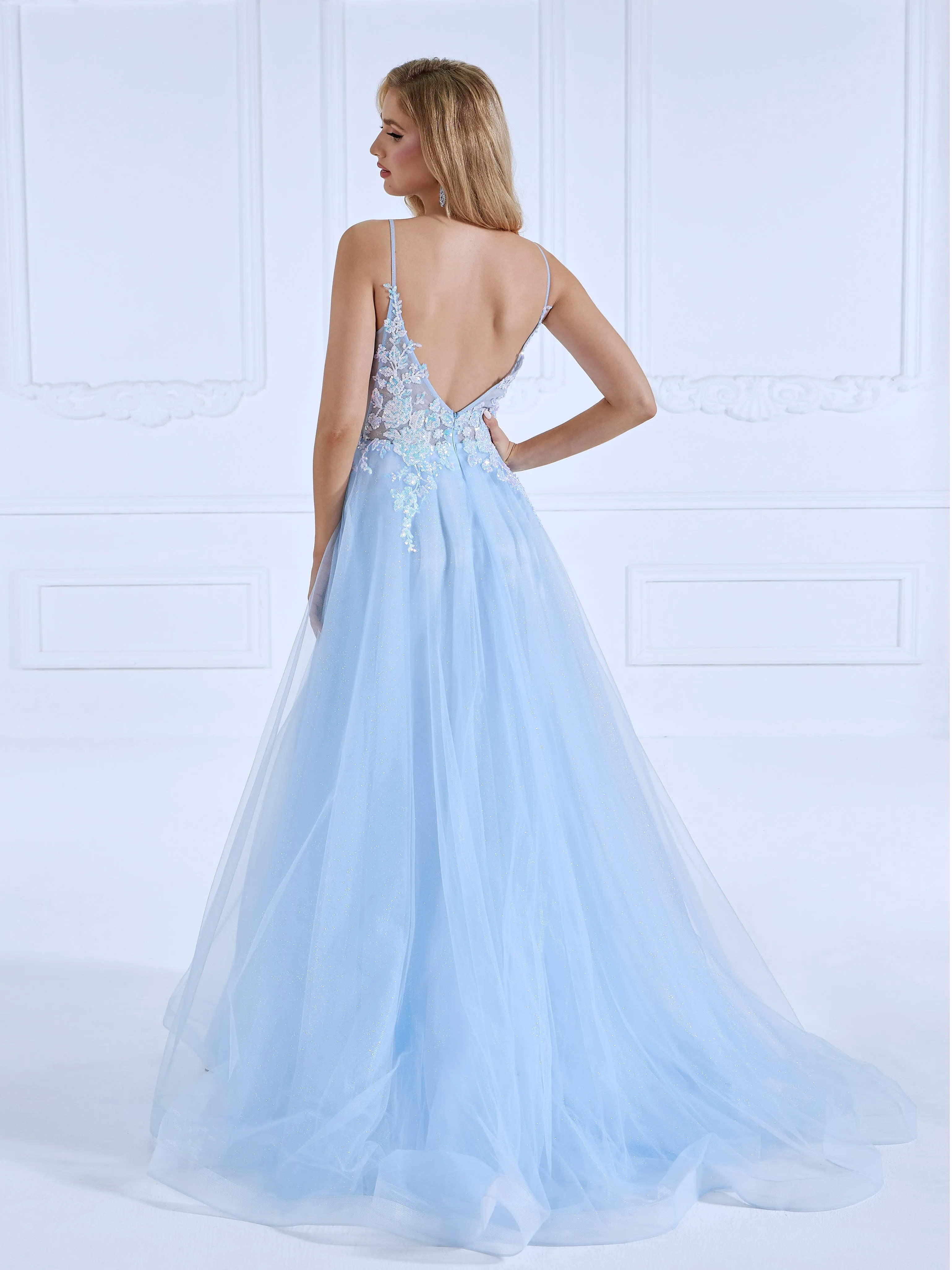 A-line V Neck Floor-Length Light Blue Prom Dresses with Sequins #18609