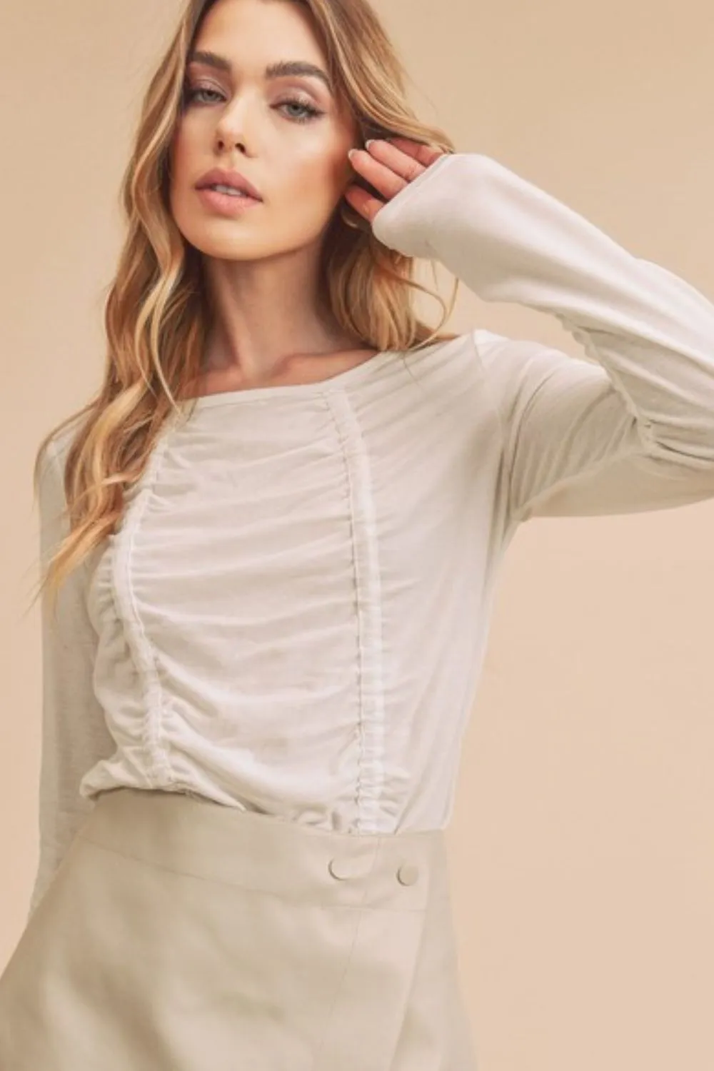 Aemi   Co Ruched Front Round Neck Long Sleeve T-Shirt