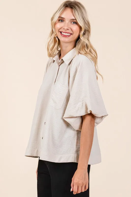 Airflow Short Bubble Sleeve Button Down Shirt