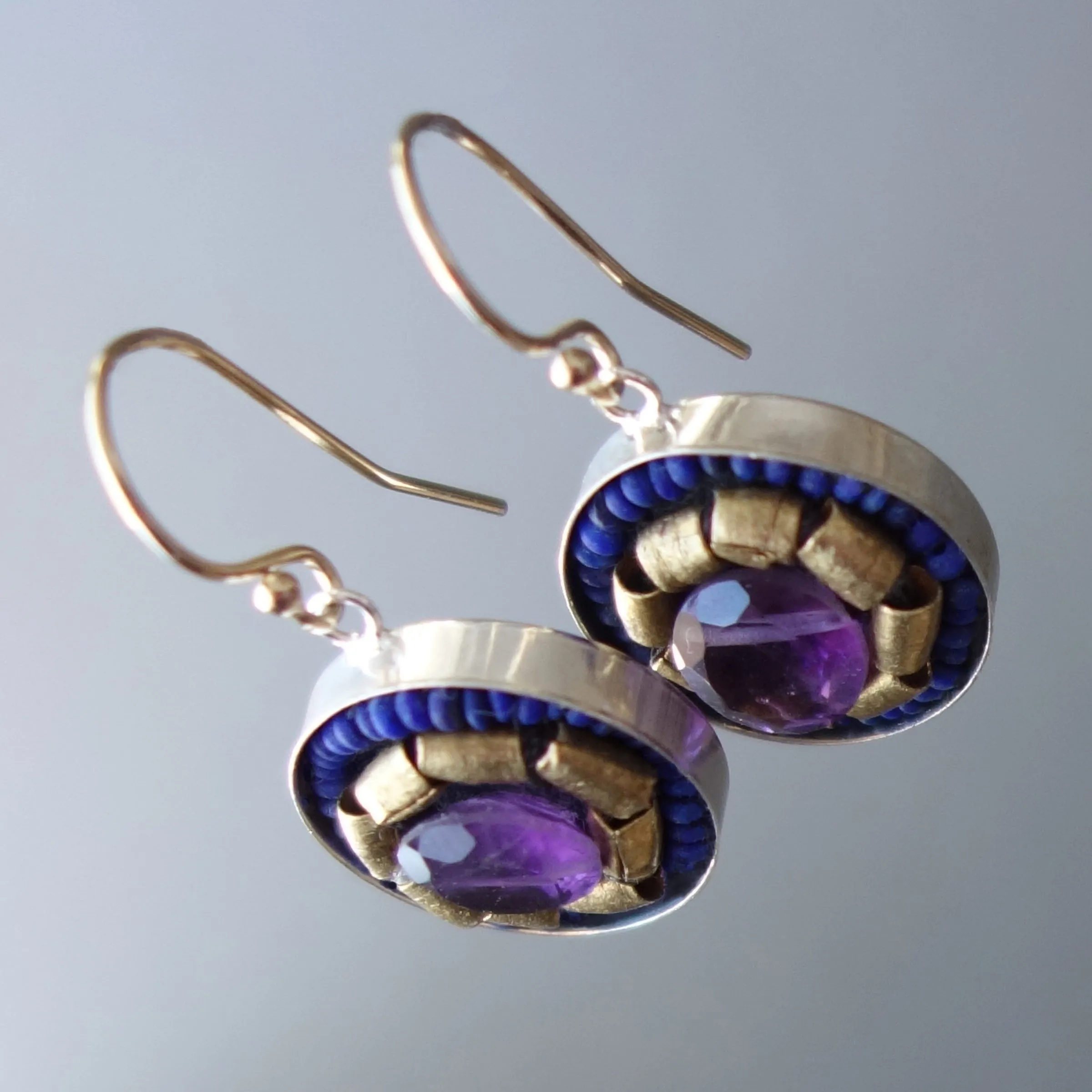 Amethyst, Gold, and Lapis Lazuli mosaic earring