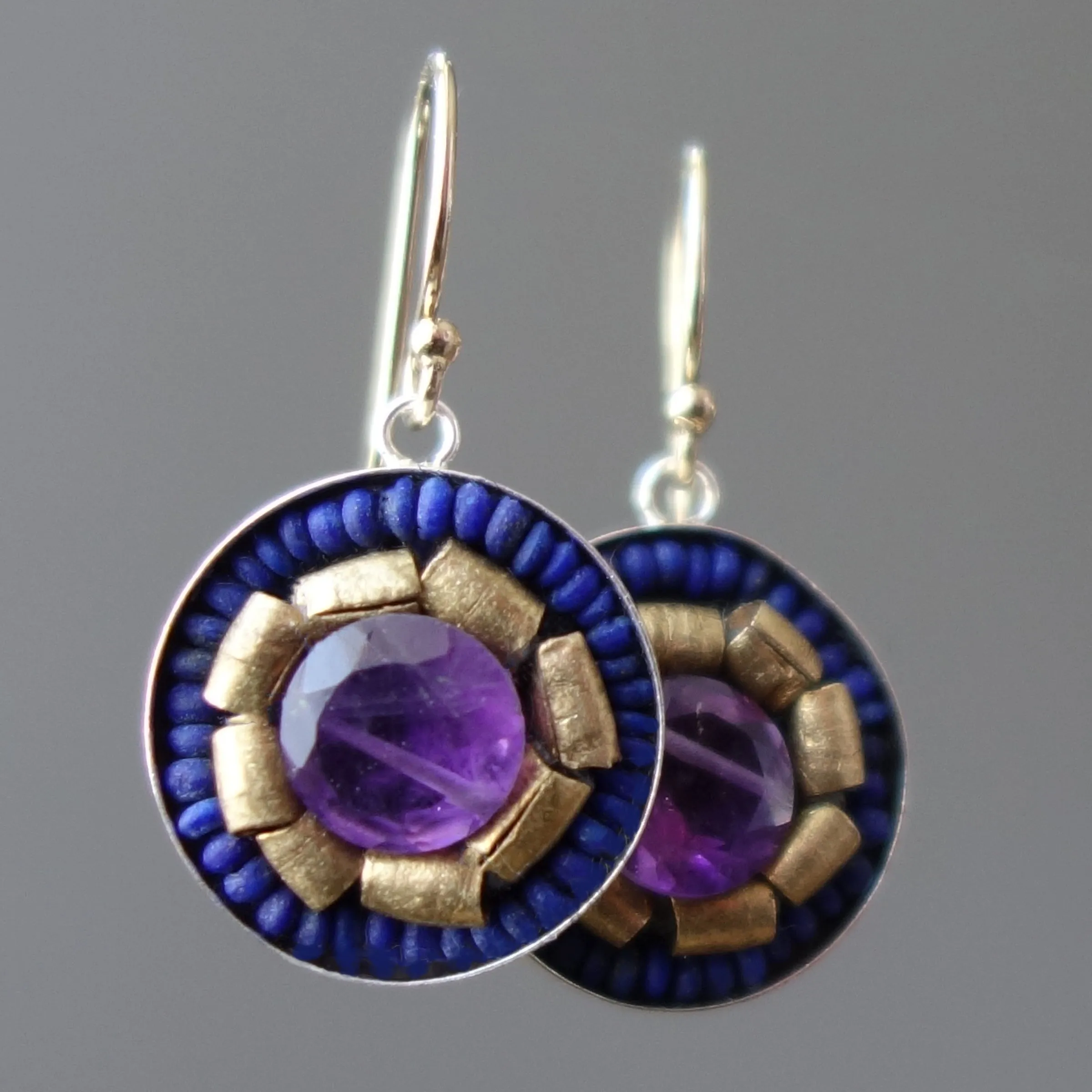 Amethyst, Gold, and Lapis Lazuli mosaic earring