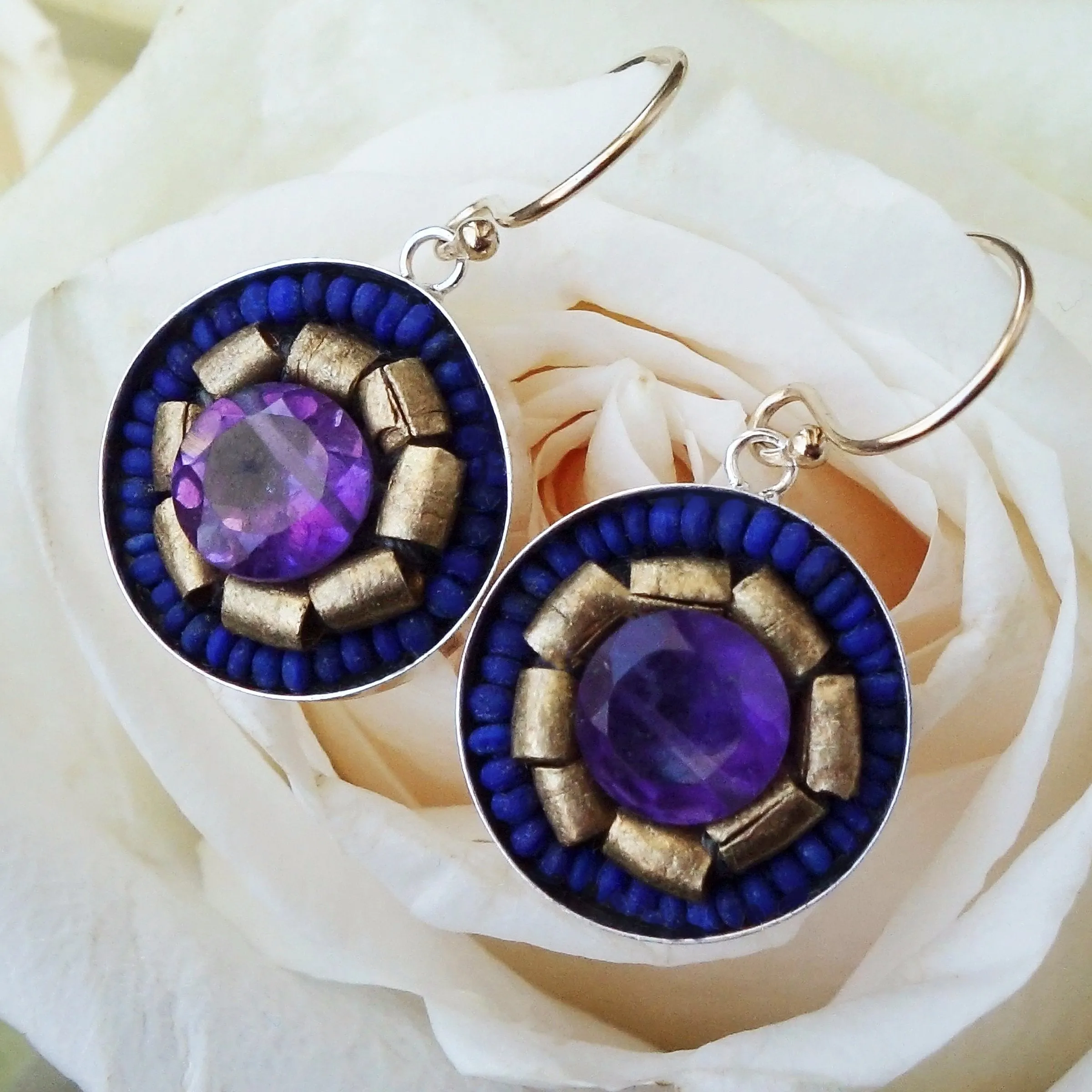Amethyst, Gold, and Lapis Lazuli mosaic earring