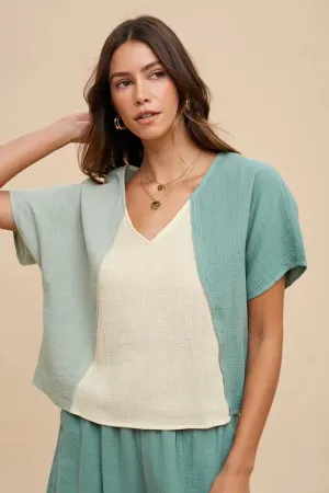 Annie Wear Color Block Cotton Gauze V-Neck Top