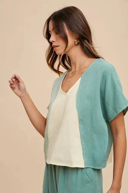 Annie Wear Color Block Cotton Gauze V-Neck Top