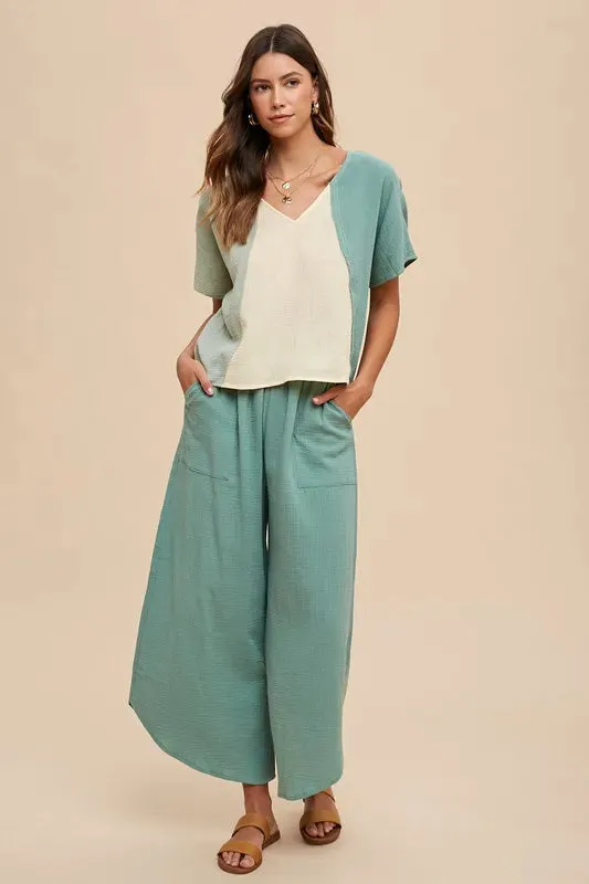 Annie Wear Color Block Cotton Gauze V-Neck Top