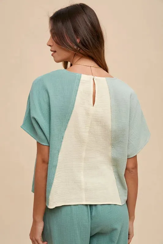 Annie Wear Color Block Cotton Gauze V-Neck Top