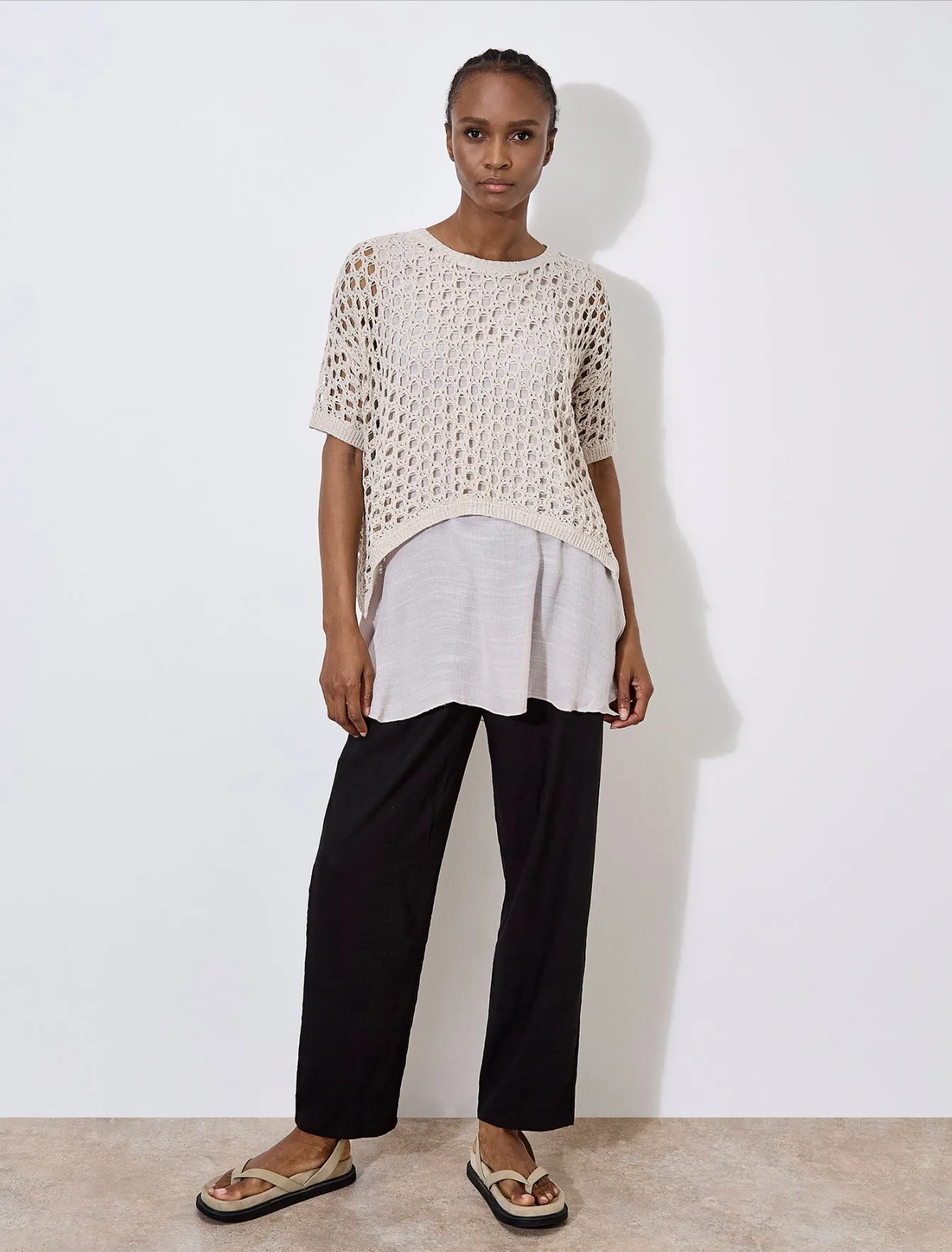 Apricot Knitted Layered Mesh Tunic Top