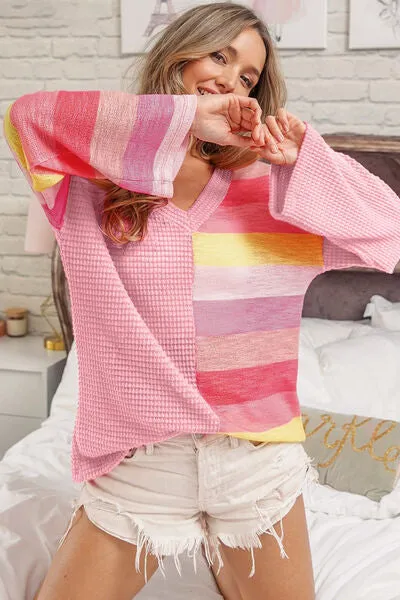 Avery Striped Contrast Waffle Long Sleeve Top