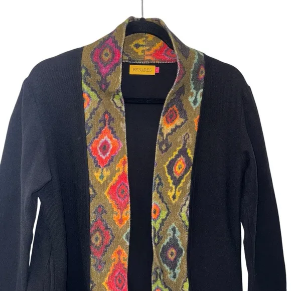 BENARES Open Front Colorful Tapestry Trim Duster Cardigan size Small