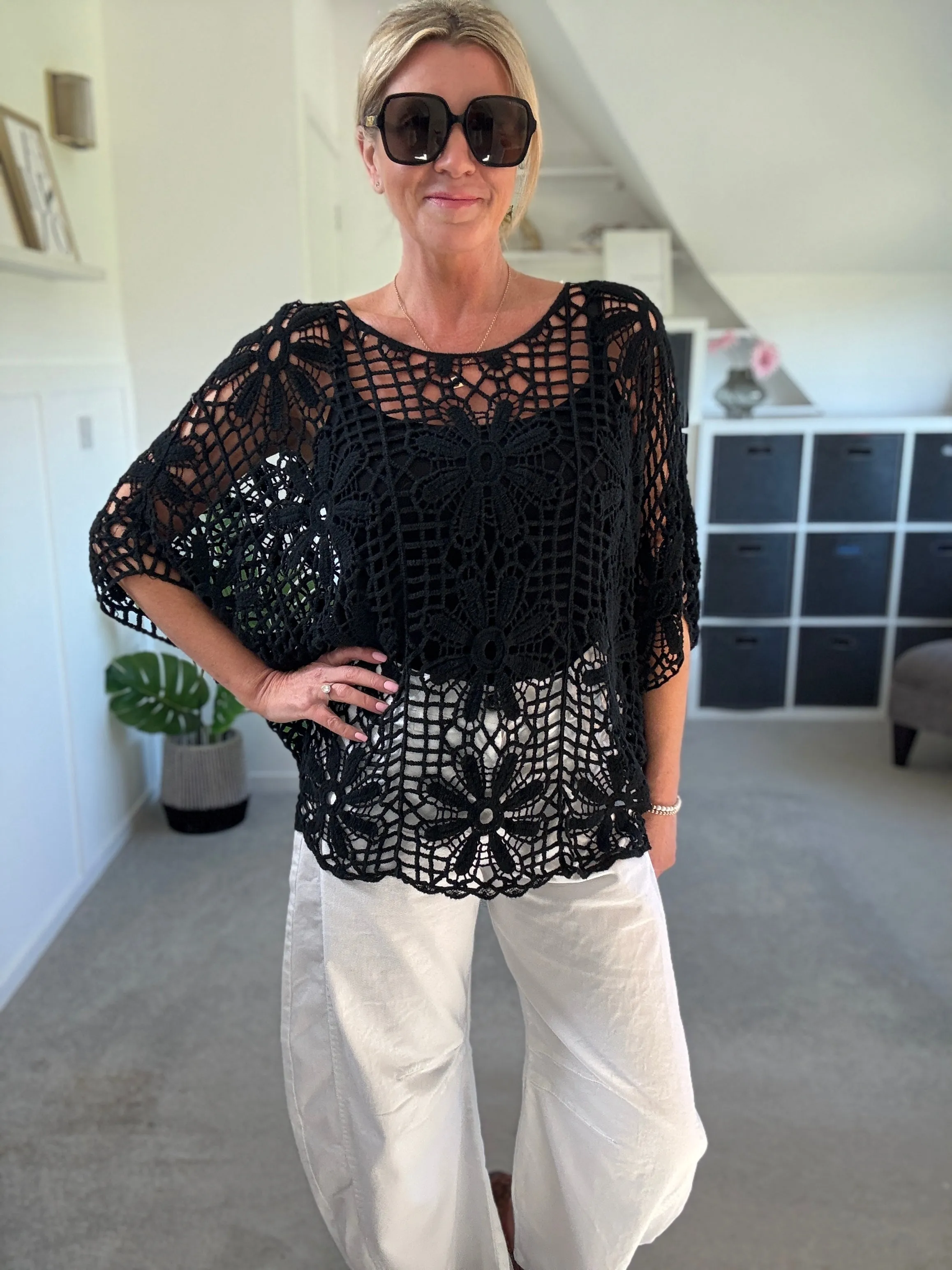 Black Crochet Relaxed Top