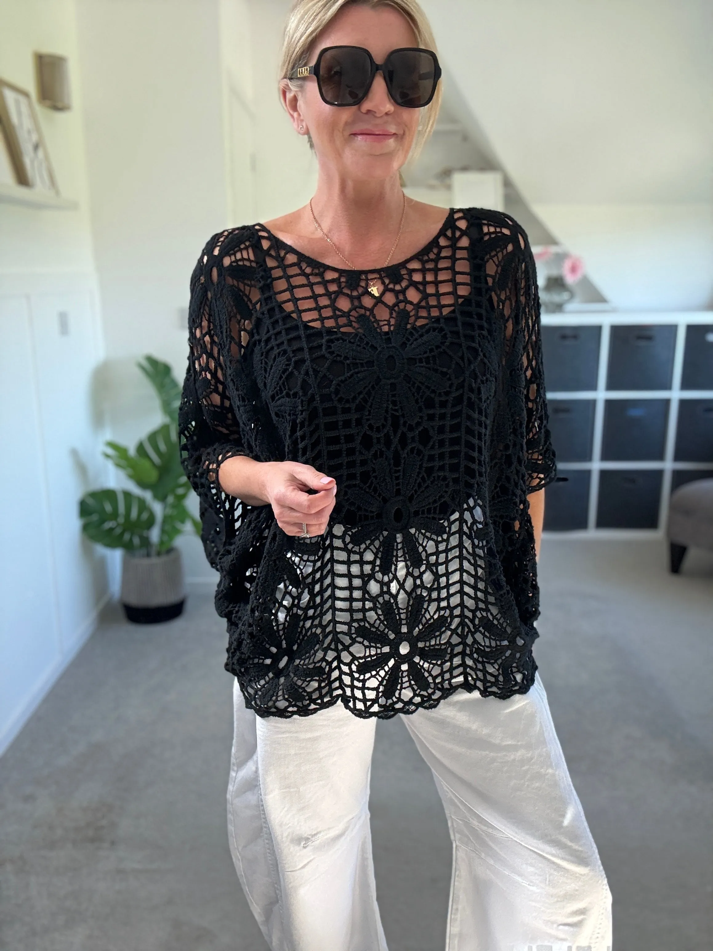 Black Crochet Relaxed Top