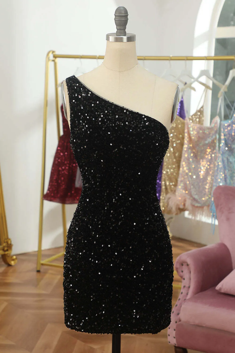 Black Sequin One Shoulder Bodycon Mini Party Dress