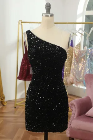 Black Sequin One Shoulder Bodycon Mini Party Dress