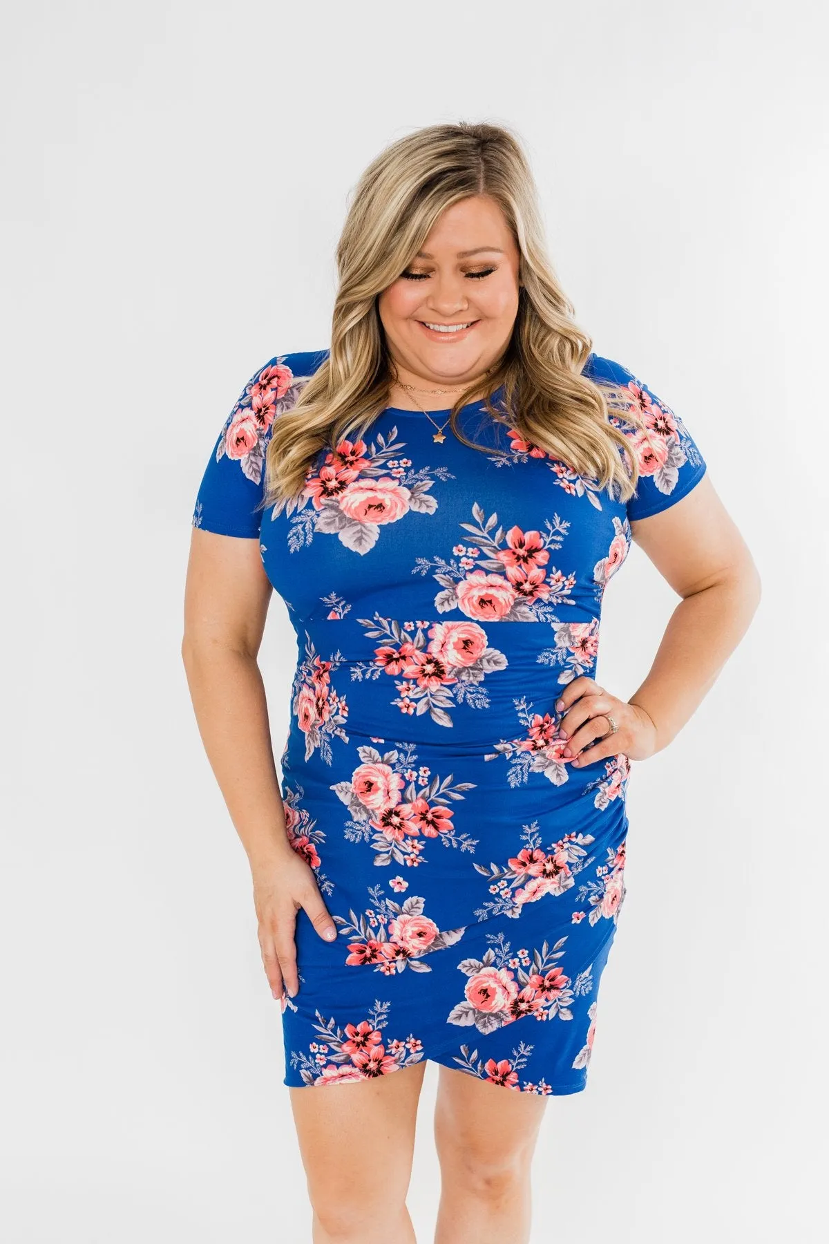 Blessed To Be Me Floral Cinched Waist Dress- Cobalt Blue