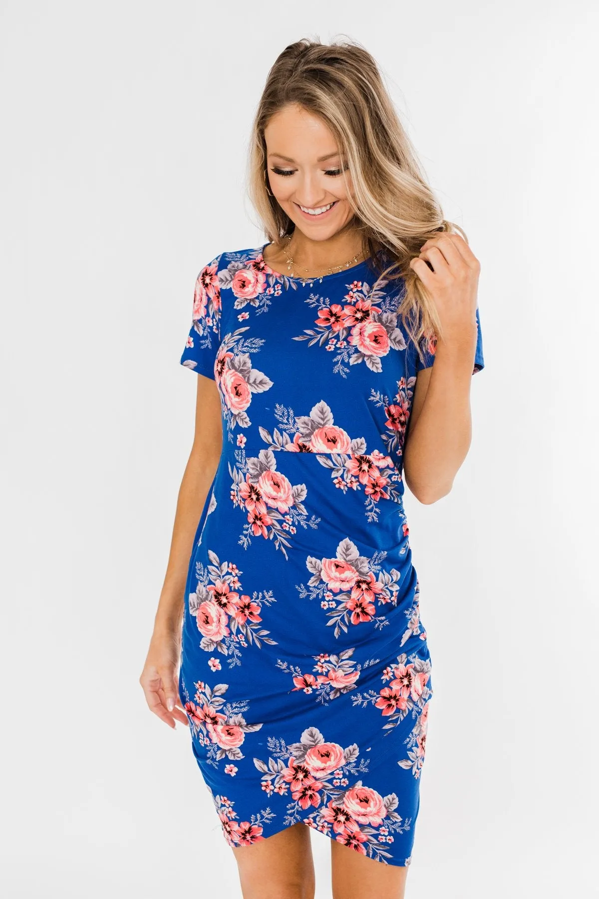 Blessed To Be Me Floral Cinched Waist Dress- Cobalt Blue