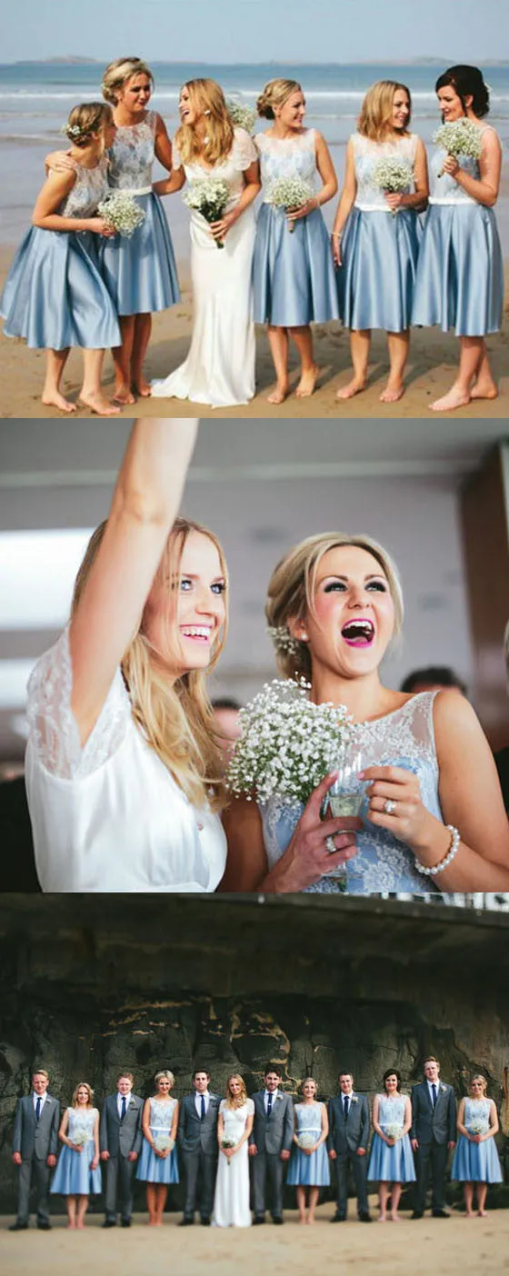 Blue Junior Satin White Lace Short Beach Wedding Bridesmaid Dresses, BG51348