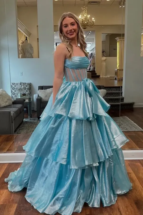 Blue Strapless Organza Blue Prom Dresses With Bow, Evening Dress, SLP045