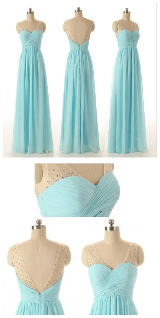 Blue V-neck Chiffon Floor-Length Wedding Party Dresses for Bridesmaid, BG51296